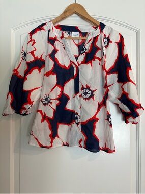 Sonoma Goods For Life Puff Sleeve Peasant Top Navy White Red Floral XS Cotton